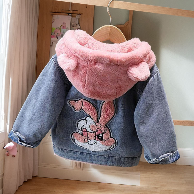 女童加绒牛仔外套冬季韩版连帽棉服女孩冬装夹棉加厚外穿保暖棉袄