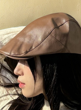 新款春秋PU皮前进帽港风复古画家帽可调节贝雷帽男女个性鸭舌帽子