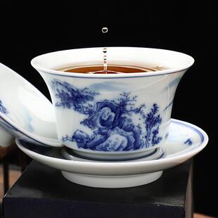 陶瓷泡茶水杯家用仿古功夫茶具单个高档 青花瓷三才盖碗复古风中式