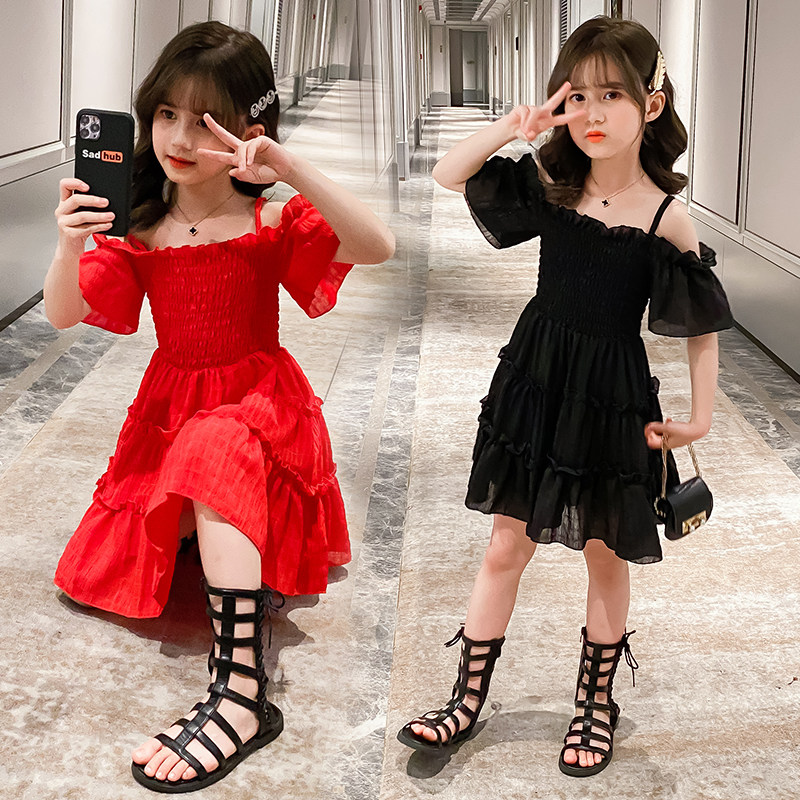女童连衣裙儿童吊带裙夏装2025新款春装中大童女孩一字肩洋气裙子