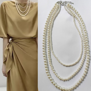双层三层珍珠项链 流行衣裙百搭饰品 礼服旗袍走秀项链 颈链多层
