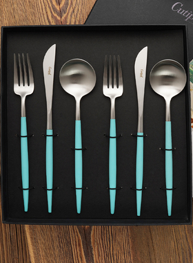 葡萄牙Cutipol土耳其蓝银不锈钢牛排刀叉勺筷子套装结婚送礼礼盒