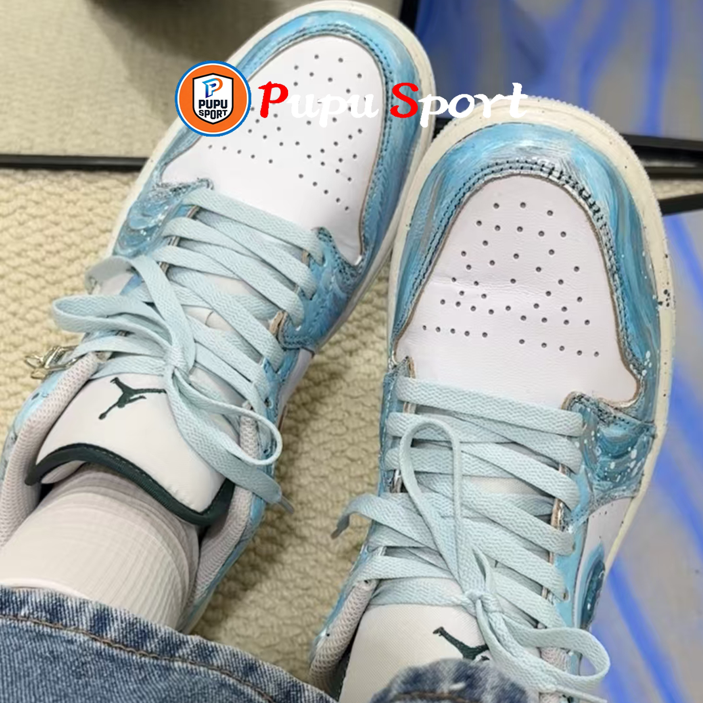 耐克球鞋定制Nike Air Jordan1海洋之蓝手绘涂鸦低帮篮球鞋
