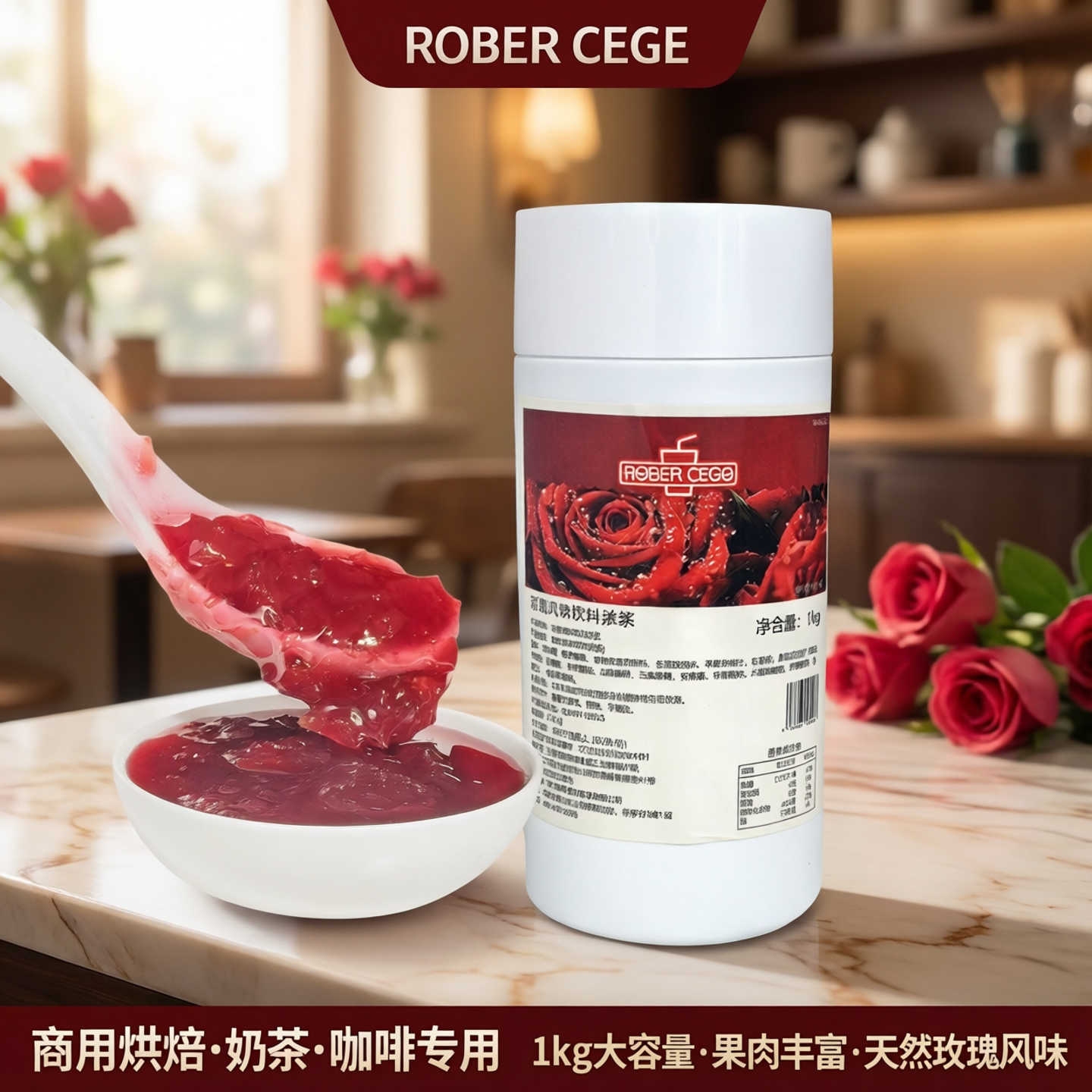 玫瑰花酱含果肉玫瑰花馅料烘焙咖啡奶茶饮品店商用玫瑰花果酱1kg