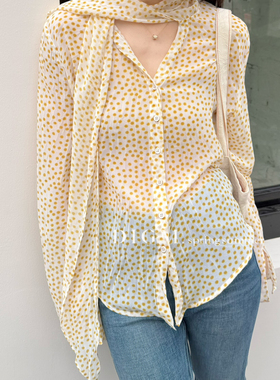 法式黄色波点飘带衬衫女 宽松V领雪纺衫