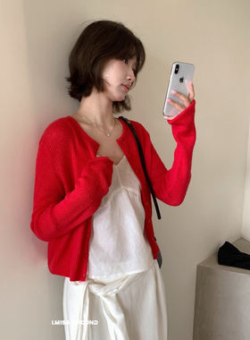 26早春 韩系温柔风 细坑条圆领12羊毛针织衫 短款开衫女