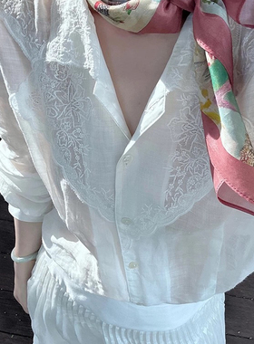 韩系chic蕾丝领白衬衫女 设计感刺绣花朵天丝麻小衫