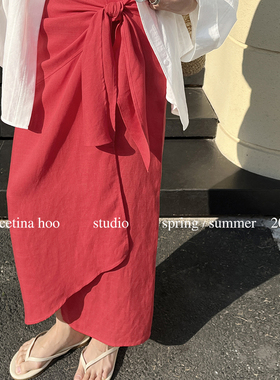 26春法式天丝亚麻系带半身裙女不规则时髦高智感显瘦中长裙