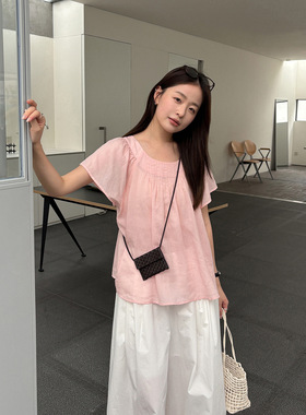 TG 松弛夏日 韩系百搭圆领压褶宽松透气小衫女2026新款上衣26688