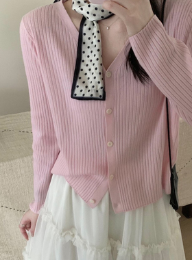 100%美丽诺羊毛坑条开衫女 短款V领显瘦 高级感通勤百搭针织外套