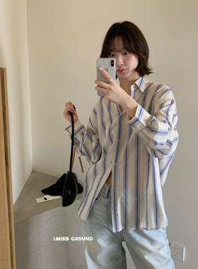 26早春韩系松弛感 蓝白条纹翻领棉麻衬衫女宽松慵懒长袖上衣