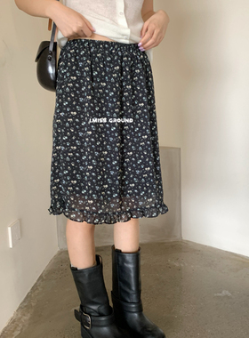 复古碎花半身裙女2026春新款 松紧腰荷叶边雪纺中裙百搭A字裙