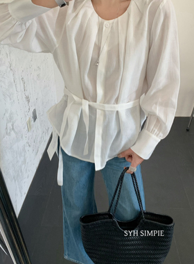 韩系简约白色微透衬衫女春装新款圆领系带收腰宽松麻感防晒上衣