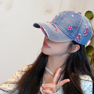 牛仔复古棒球帽纯色男女破洞鸭舌