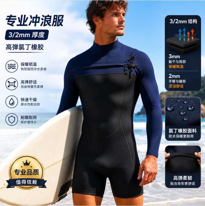 全新冲浪衣3/2男连体式长袖半身款湿衣风筝冲浪潜水服氯丁橡胶