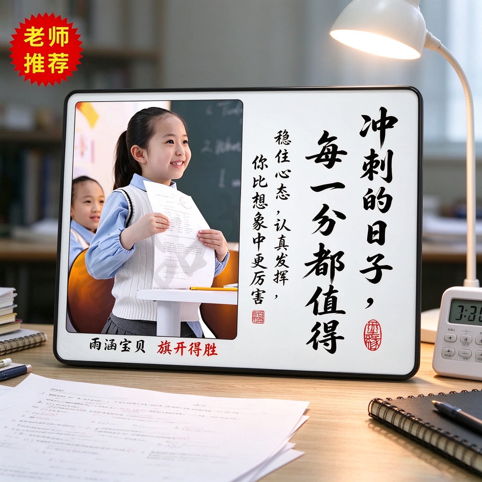 学生闹钟学习很苦励志摆件激励孩子书桌时钟定制照片相框摆台礼物