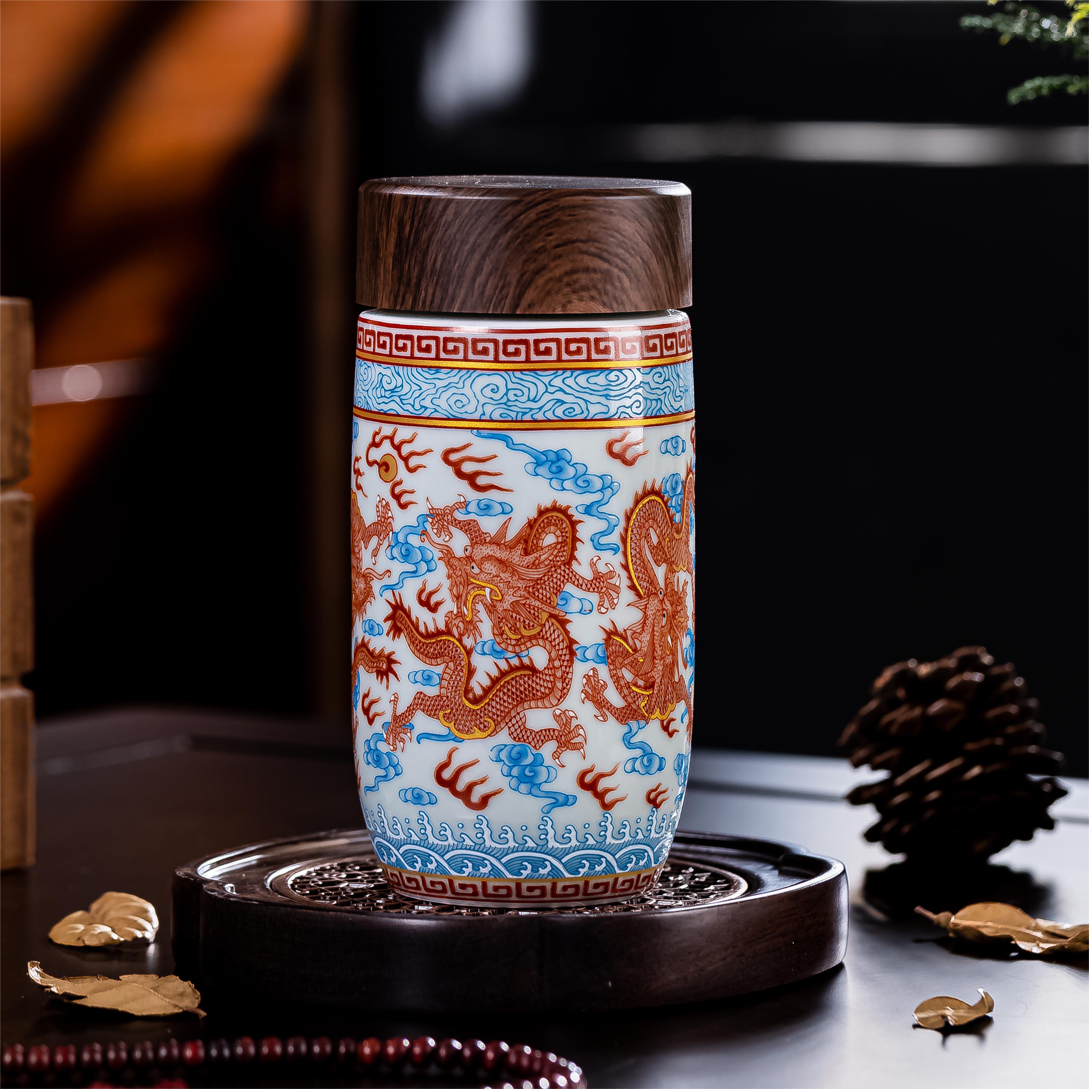 景德镇瓷器仿古泥矾红五龙保温杯中式男士茶杯办公泡茶杯家用茶具