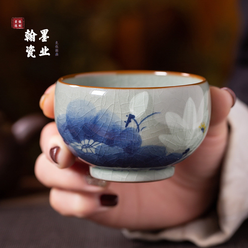 景德镇陶瓷老陶泥开片荷塘清趣罗汉杯手工手绘主人杯个人专用茶杯