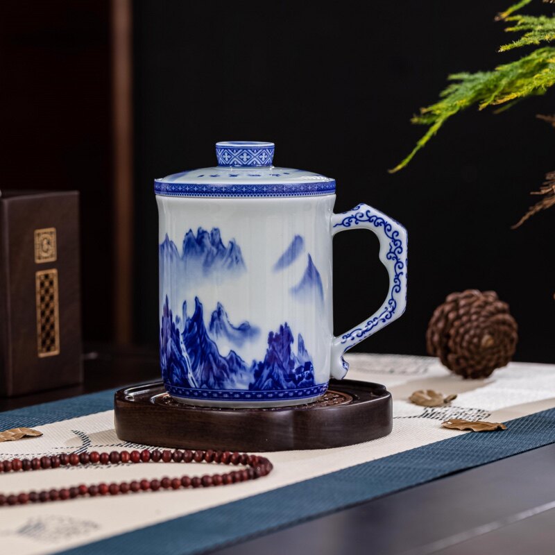 景德镇陶瓷千里江山茶杯过滤杯带盖家用大水杯办公室杯子瓷杯礼盒图片