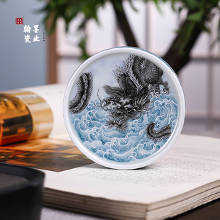 景德镇陶瓷仿古泥青花海水墨龙盖置复古杯垫壶盖垫家用茶托配件