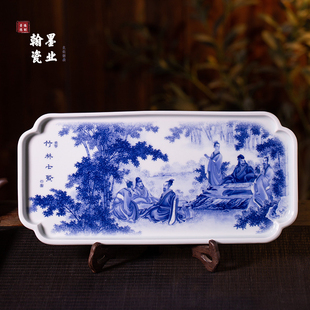 景德镇陶瓷仿古泥青花竹林七贤茶盘单个干泡台大号壶承家用赏盘