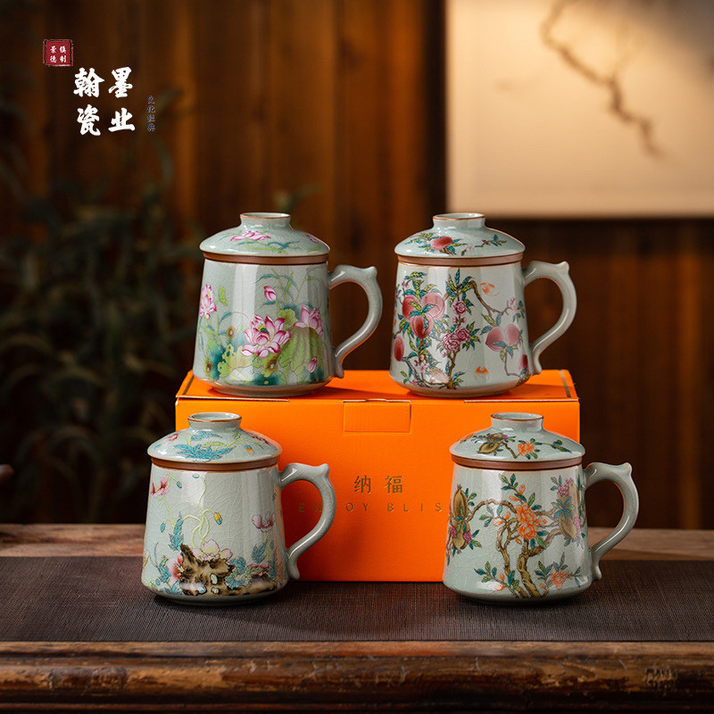 景德镇陶瓷老陶泥开片粉彩寿桃办公杯茶水分离杯家用大容量马克杯