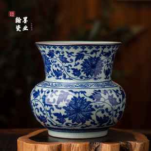 景德镇兆勤堂陶瓷老陶泥青花缠枝莲茶渣缸家用复古建水茶洗废水缸