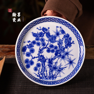 景德镇陶瓷仿古泥青花松竹梅壶承单个干泡台盖碗托盘家用中式茶托
