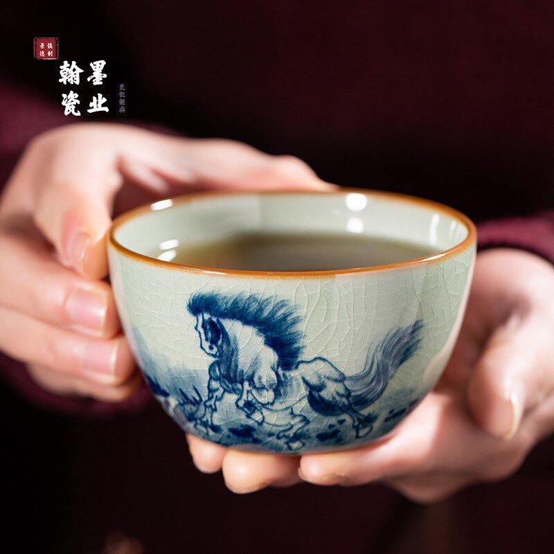 景德镇陶瓷老陶泥开片马到成功卧足杯柴烧主人杯手工手绘茶杯单杯