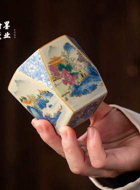 景德镇陶瓷粉彩汝窑兰山水八方杯家用个人专用主人杯开片可养茶杯