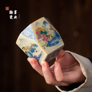 景德镇陶瓷粉彩汝窑兰山水八方杯家用个人专用主人杯开片可养茶杯