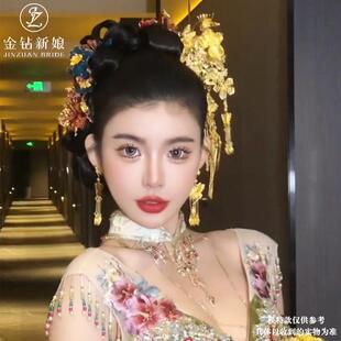 新娘中式减龄金色流苏红蓝秀禾服头饰龙凤褂跟妆婚礼古风礼服发饰