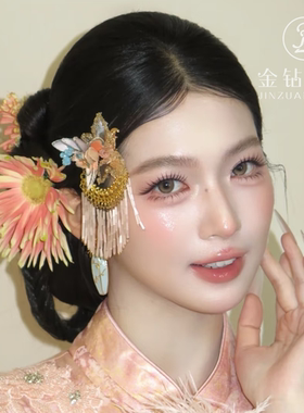 新中式花瓶耳环女浅蓝色滴油梅花枝锆石耳坠国风气质显脸瘦耳饰女