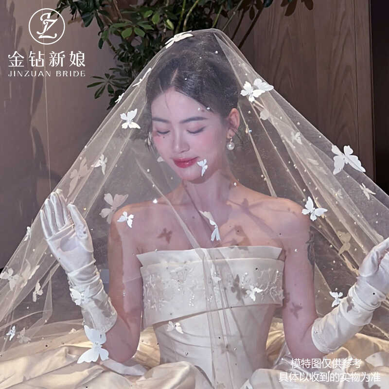 白色影楼摄影拖尾超长款蝴蝶头纱
