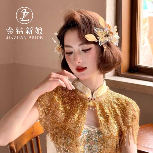 2026新款金色羽毛蝴蝶新娘头饰轻奢闪钻婚纱礼服新中式百搭配饰