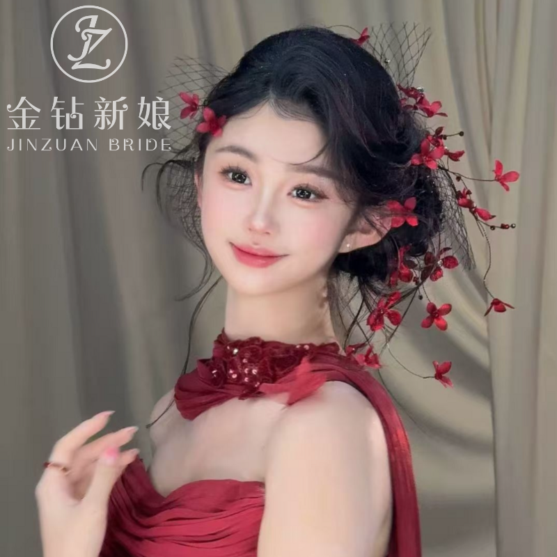 金钻新娘中式红色花朵发饰