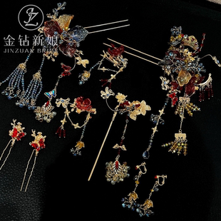 新娘红色秀禾头饰流苏新中式龙凤褂晨袍秀禾服头饰2025新款高级感