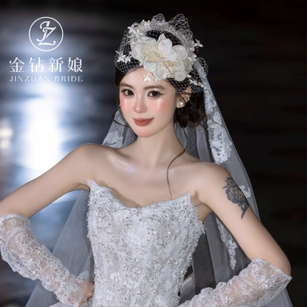 2026新款复古缎面花网纱饰品小众花朵新娘头饰轻法式婚纱造型发饰