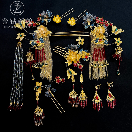 新娘金色秀禾头饰龙凤褂流苏发簪