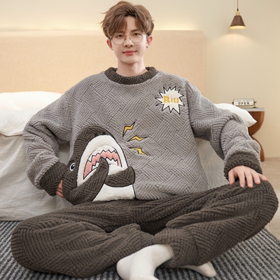 男士青少年珊瑚绒加厚加绒睡衣