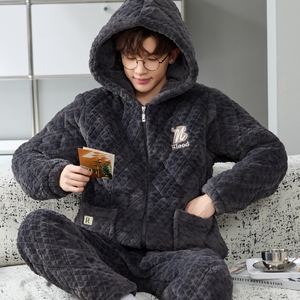 新款连帽三层加厚夹棉家居服男款