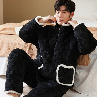 睡衣男士冬天三层加厚超厚夹棉加绒珊瑚绒拉链大码家居服秋冬季款