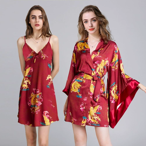 Весенний банный халат, летний красный лонгслив для невесты, пижама, платье, дракон и феникс