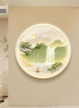 流行简约绿色奶油风流水生财玄关装饰画山水画客厅挂画圆形餐厅画