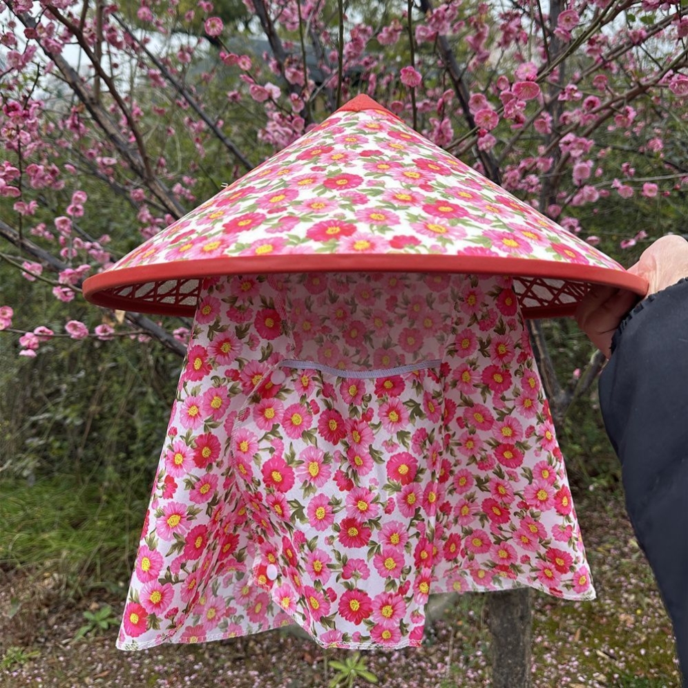 防晒帽子户外农民遮脸遮阳帽防雨采茶披肩防晒环卫劳保新花朵斗笠