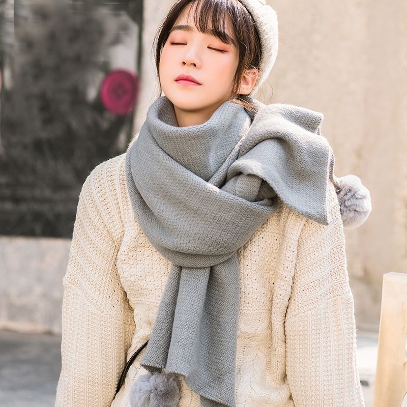 纯色兔兔毛球围巾保暖休闲秋冬季围脖时尚可爱百搭学生针织毛球