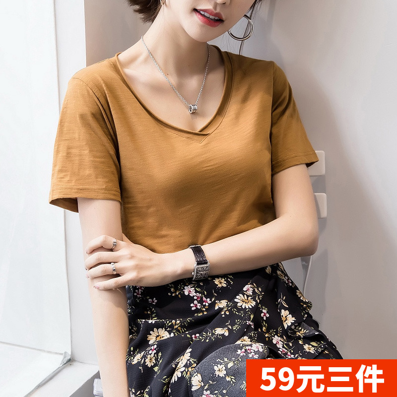 【59元三件】2018新款V領竹節棉t恤女裝短袖寬松顯瘦韓范上衣夏季
