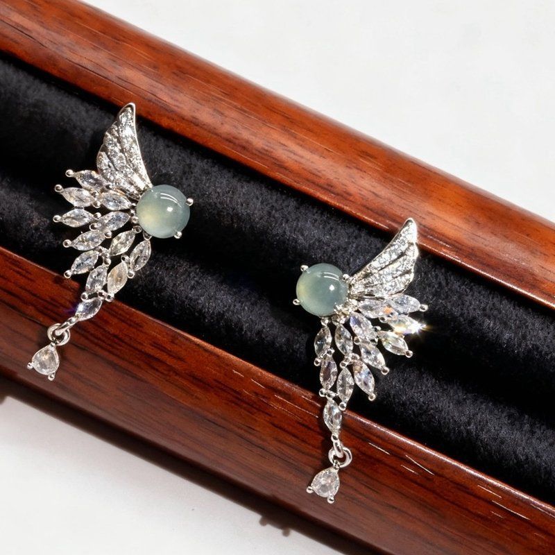 9232天然翡翠耳钉蛋面蝴蝶翅膀