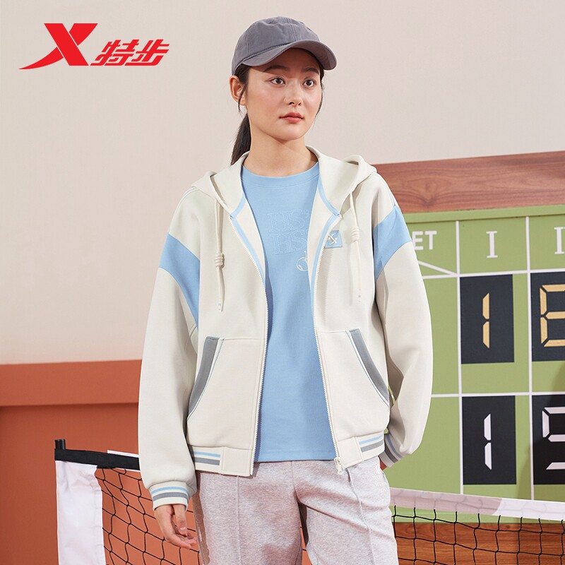 特步针织连帽女款外套2024春季新款休闲运动宽松上衣976128940508