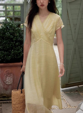 【新品限时9折】solighter 法式苎麻v领短袖连衣裙夏季气质长裙